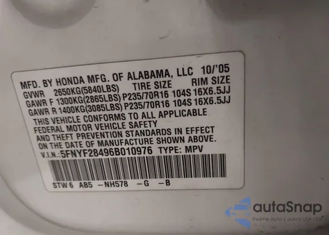 2006 Honda Pilot Ex z USA, uszkodzony, nr VIN 5FNYF28496B010976